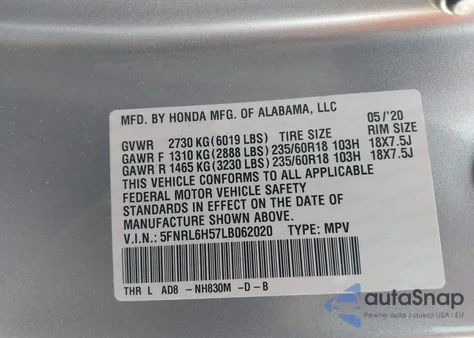 2020 Honda Odyssey Ex z USA, uszkodzony, nr VIN 5FNRL6H57LB062020